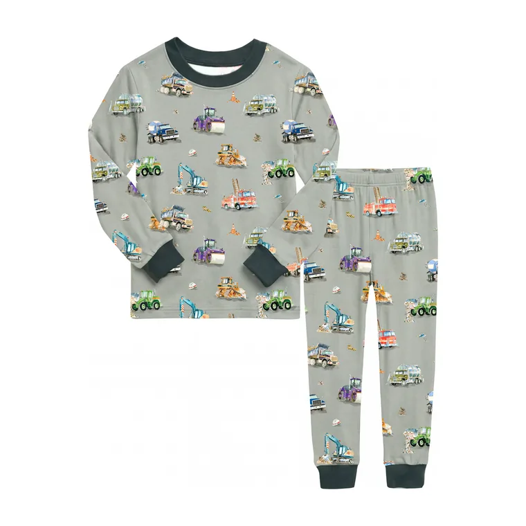 Diggers bamboo long sleeve pajama set, flat lay