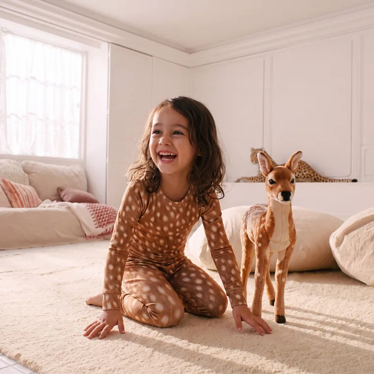 Fawn bamboo long sleeve pajama set, in wear