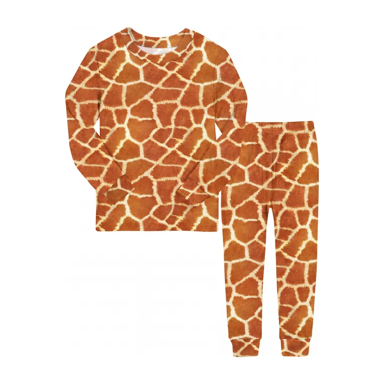 Giraffe bamboo long sleeve pajama set, flat lay