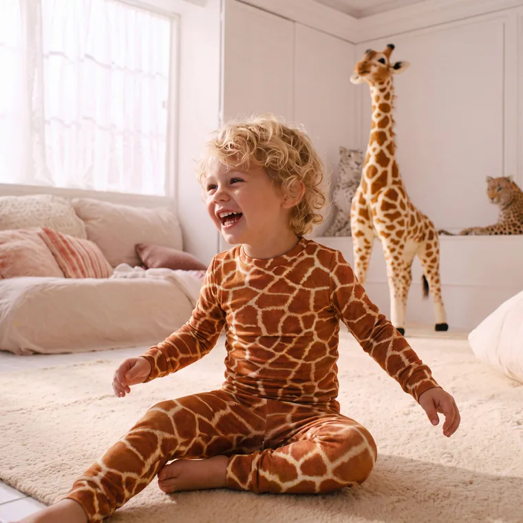 Giraffe bamboo long sleeve pajama set, in wear