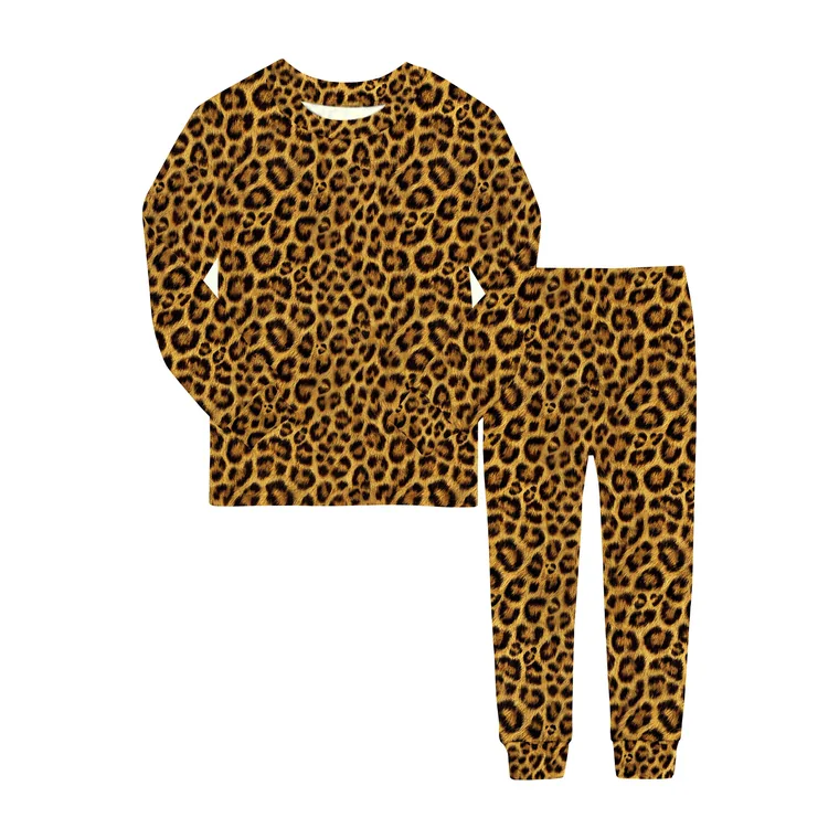 Leopard bamboo long sleeve pajama set, flat lay