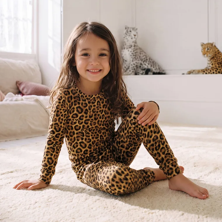 Leopard bamboo long sleeve pajama set, in wear