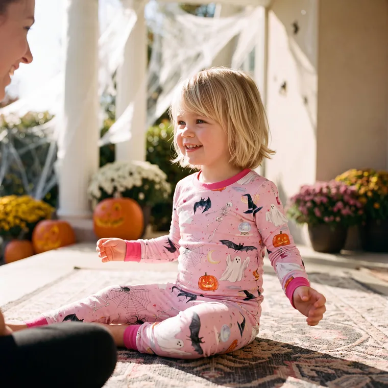 Pink-a-Boo bamboo long sleeve pajama set, in wear