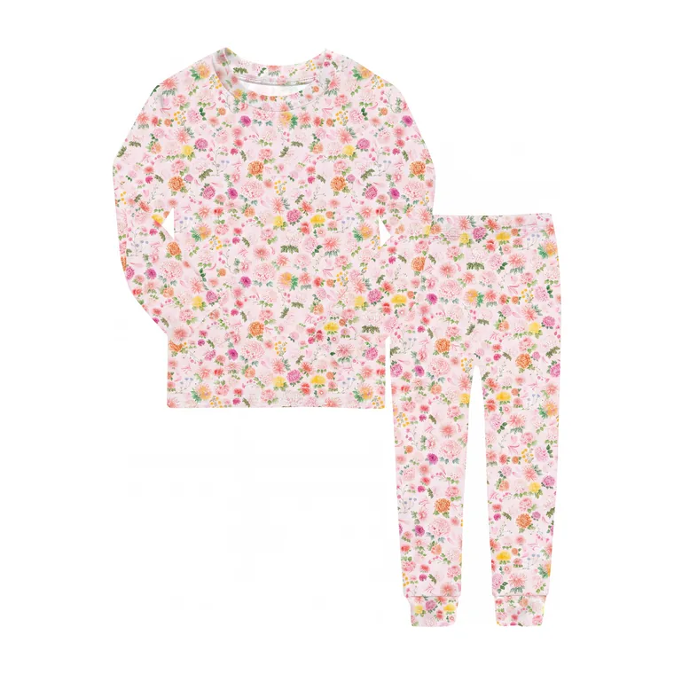 Pompom bamboo long sleeve pajama set, flat lay