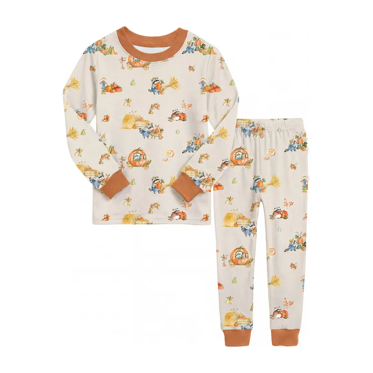 Pumpkin Raccoon bamboo long sleeve pajama set, flat lay