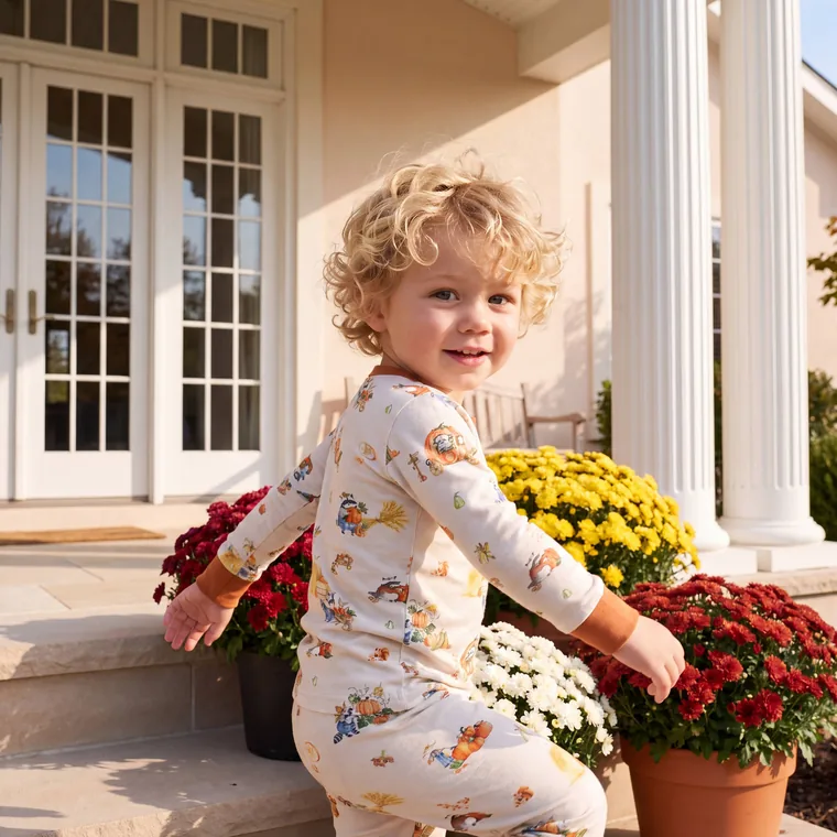 Pumpkin Raccoon bamboo long sleeve pajama set, in wear