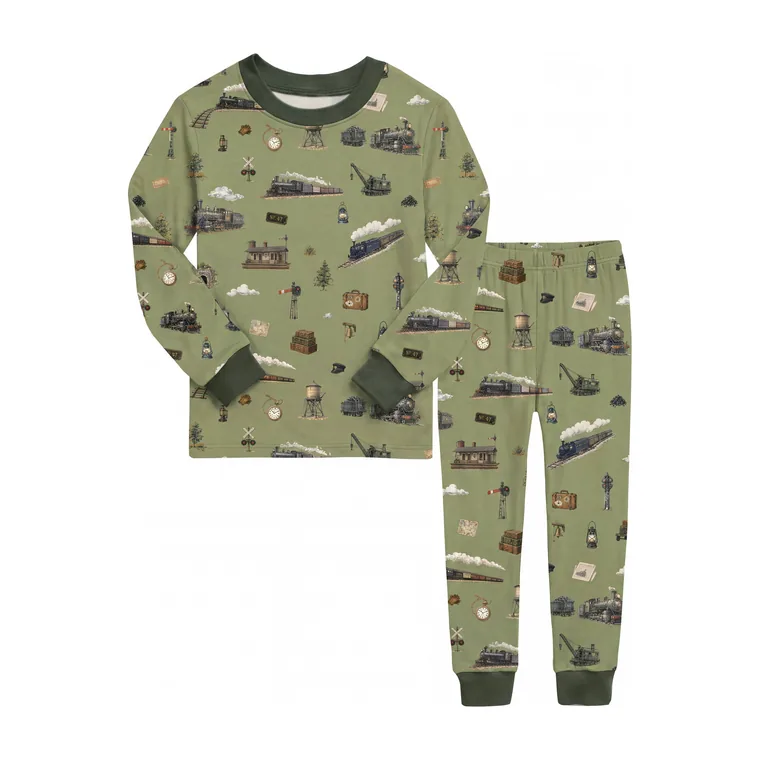 Railroad bamboo long sleeve pajama set, flat lay