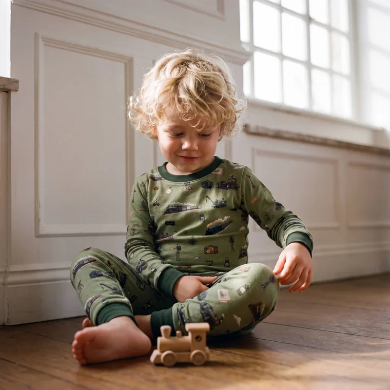 Railroad bamboo long sleeve pajama set, in wear
