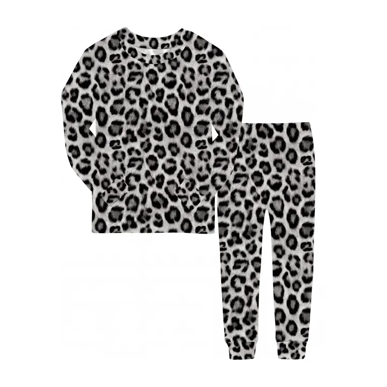 Snow Leopard bamboo long sleeve pajama set, flat lay
