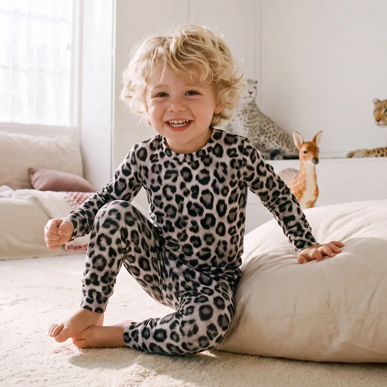 Snow Leopard bamboo long sleeve pajama set, in wear