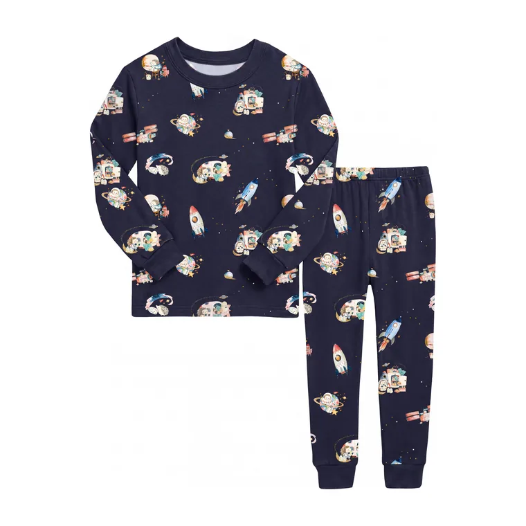 Spaceship bamboo long sleeve pajama set, flat lay