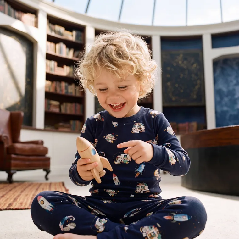 Spaceship bamboo long sleeve pajama set, in wear