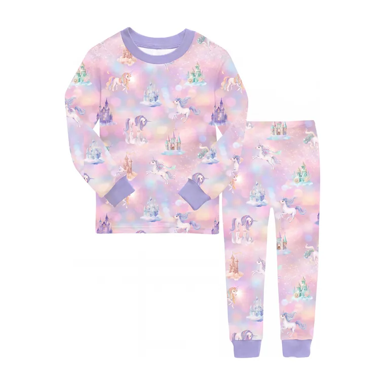 Unicorn Realm bamboo long sleeve pajama set, flat lay