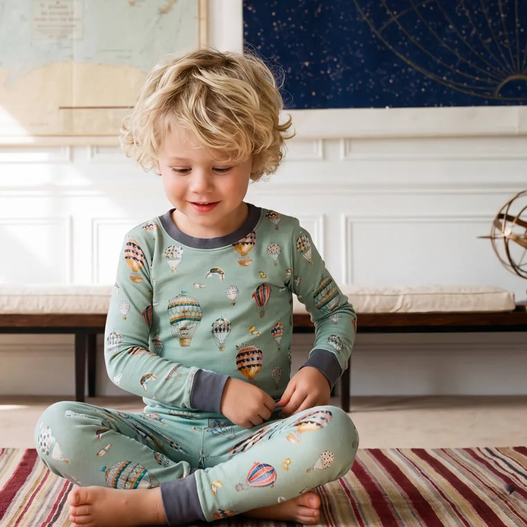 Voyager bamboo long sleeve pajama set, in wear