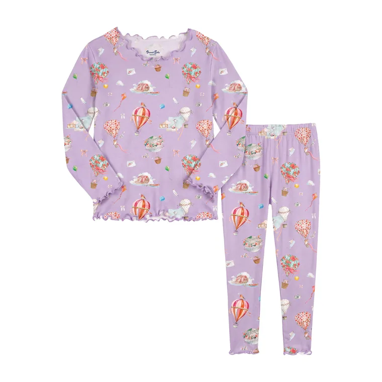 Whimsically bamboo long sleeve pajama set, flat lay